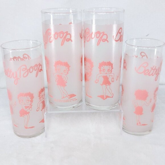 Betty Boop Pink Drinking Frosted Glasses Set Of 4 10 Oz Slim 1988 Vintage - Picture 8 of 8